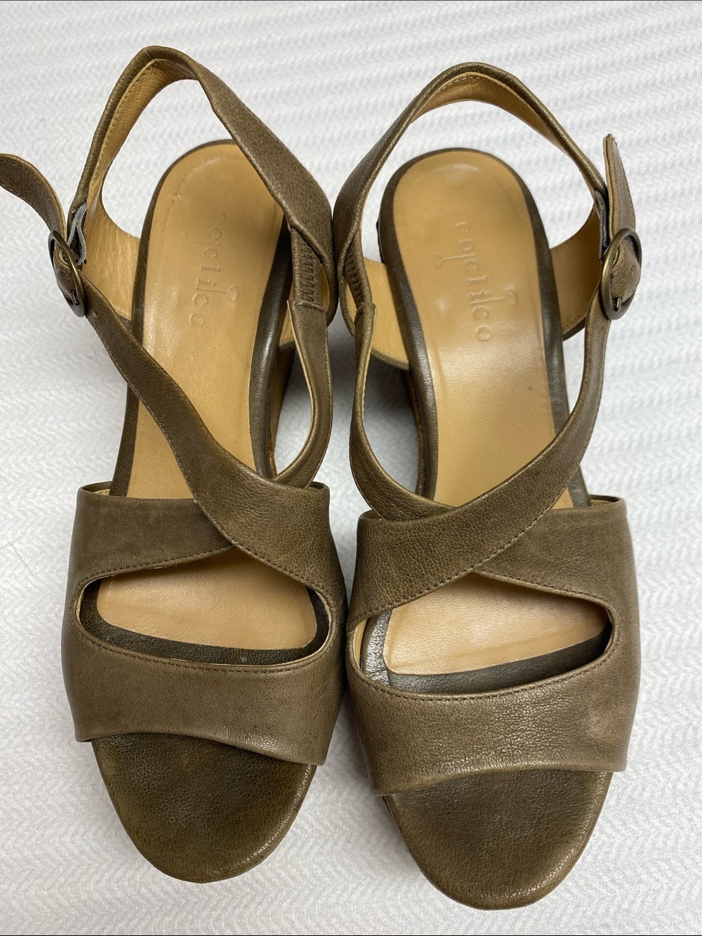 Coclico Leather Cork Wedge Sandals Olive Taupe Cross Strap EU 38 US 7.5 8